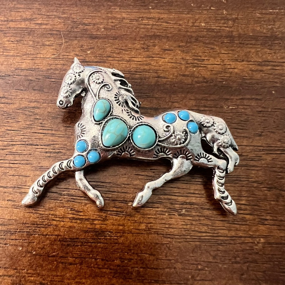 ☘️5/$25 Western Turquoise Horse Brooch Silver Tone Rodeo Boho Ranch Pin